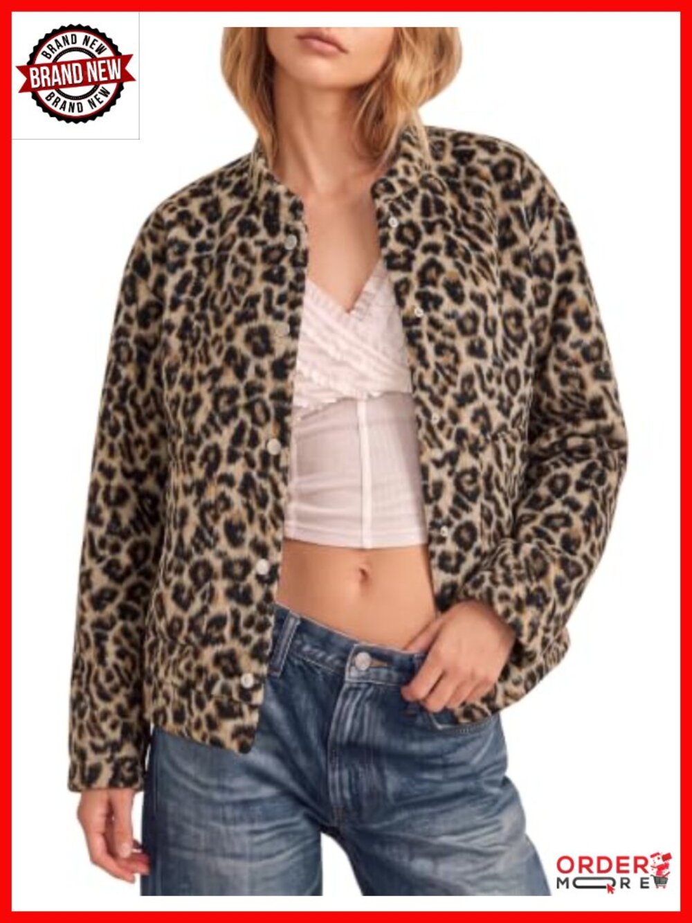 Oversized Wool Blend Bomber Jacket Leopard Print Fall Casual